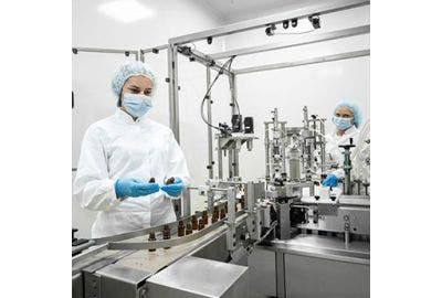 A picture of workers in a clean room working a conveyor belt with glass bottles on them