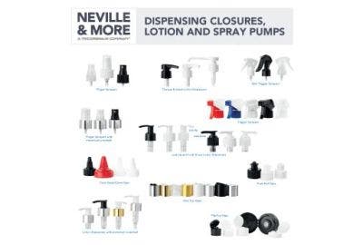 A picture of various dispensing closures and lotion and spray pumps