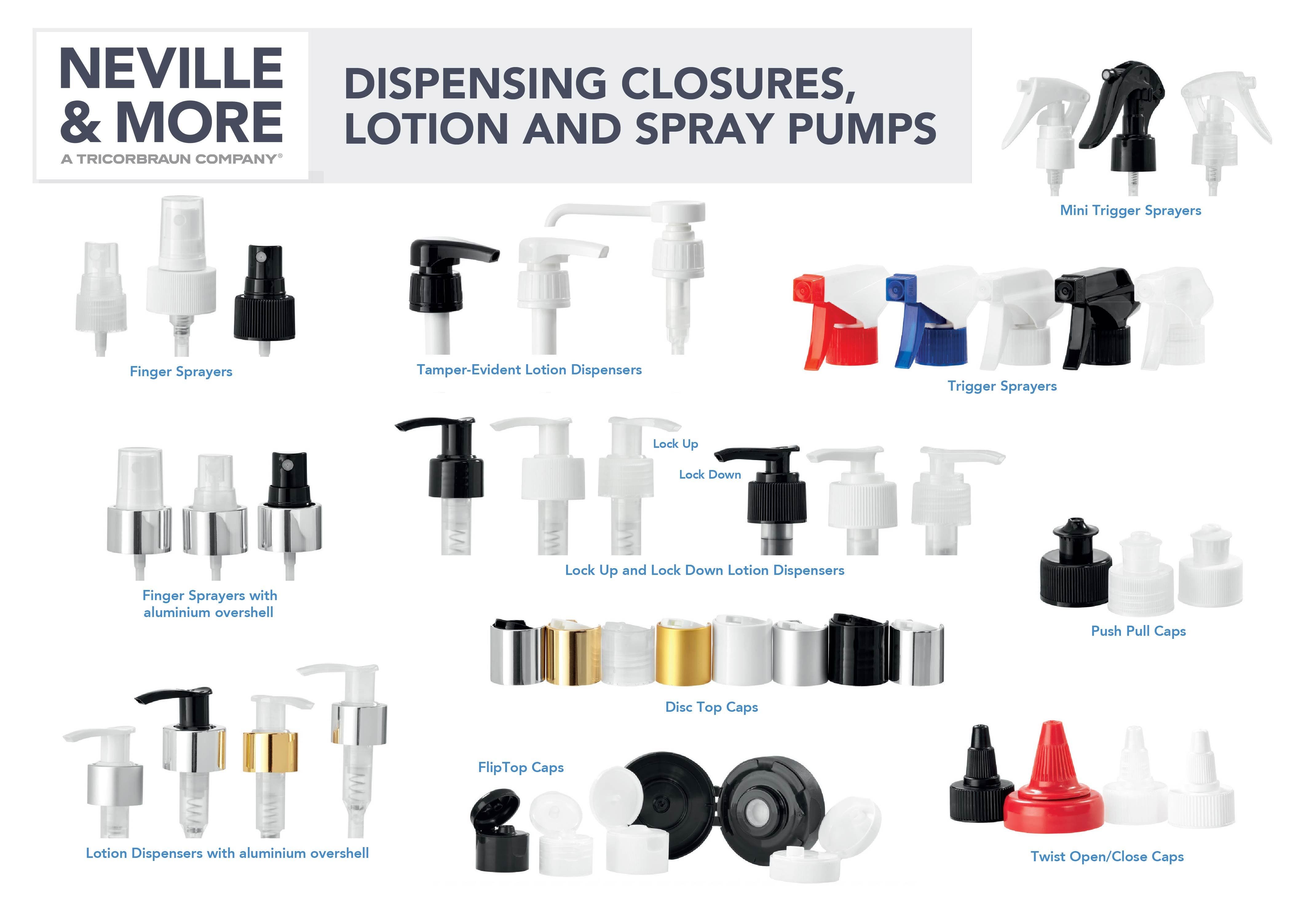 A picture of various dispensing closures and lotion and spray pumps